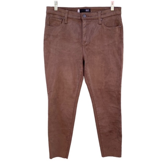 Kut From The Kloth Donna High Rise Fab Ab Ankle Skinny Brown Suede Raw Hem Pants - Picture 1 of 12